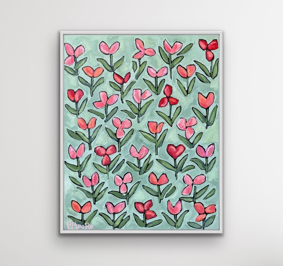 Grace — 24x30 original oil painting on canvas, pink and coral floral blooms on mint green background, unframed