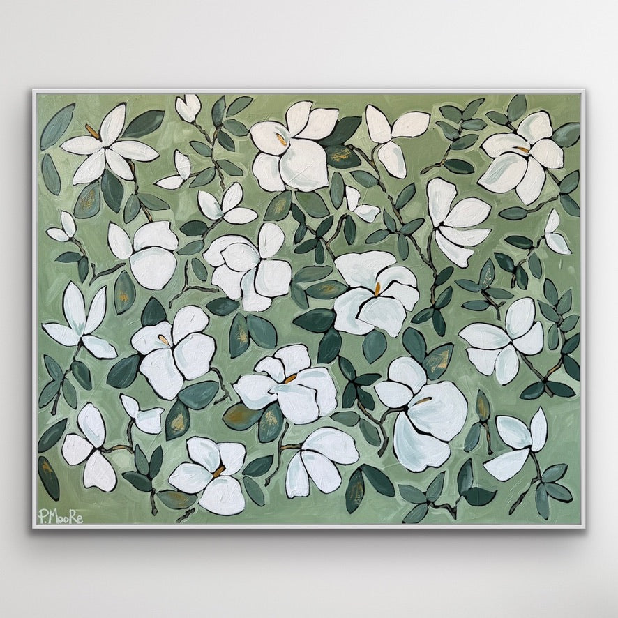 Madison — 48x60 framed original oil on canvas white magnolia painting by Patti Moore
