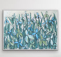 Saylor — 36x48 original oil painting on canvas, soft blue and white floral blooms on pale background, framed