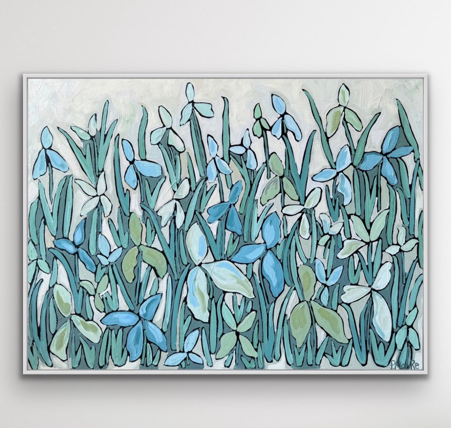 Saylor — 36x48 original oil painting on canvas, soft blue and white floral blooms on pale background, framed
