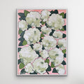 Lulu — 30x40 original oil painting on canvas, white florals on blush pink background, framed