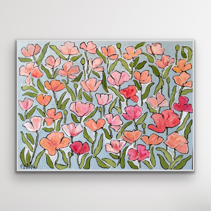 Hildie — 36x48 framed original oil on canvas pink and coral poppy painting by Patti Moore