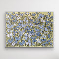 Penelope — 36x48 original oil painting on canvas, periwinkle blue florals on golden yellow background, unframed