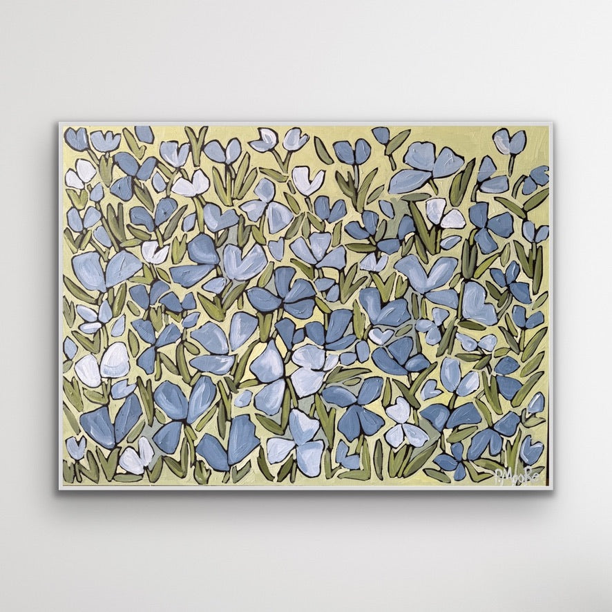 Penelope — 36x48 original oil painting on canvas, periwinkle blue florals on golden yellow background, unframed