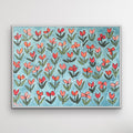 Maya — Original oil painting by Patti Moore, coral and pink tulip florals on sky blue canvas, 36x48 inches