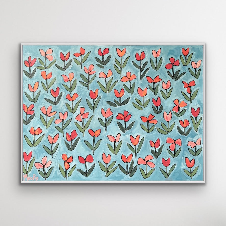 Maya — Original oil painting by Patti Moore, coral and pink tulip florals on sky blue canvas, 36x48 inches