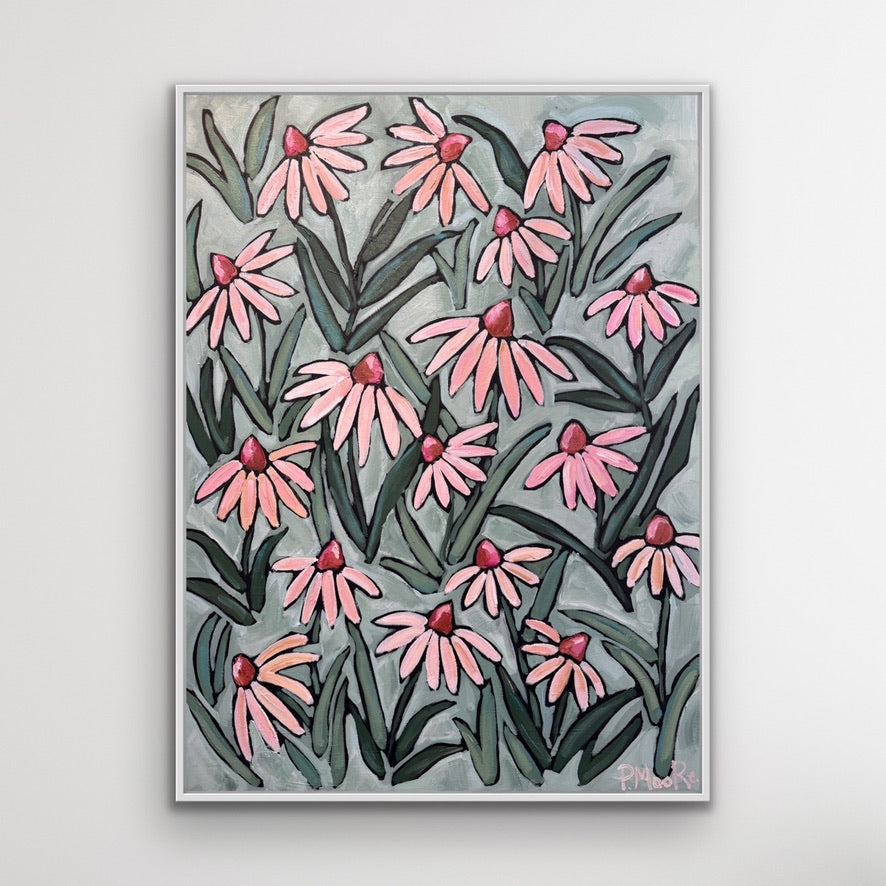 Eden — 30x40 framed original oil on canvas pink coneflower painting by Patti Moore