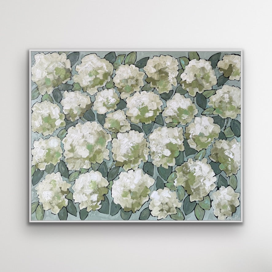 Eva — Original oil painting by Patti Moore, white hydrangeas in soft sage and green, 60x48 inches