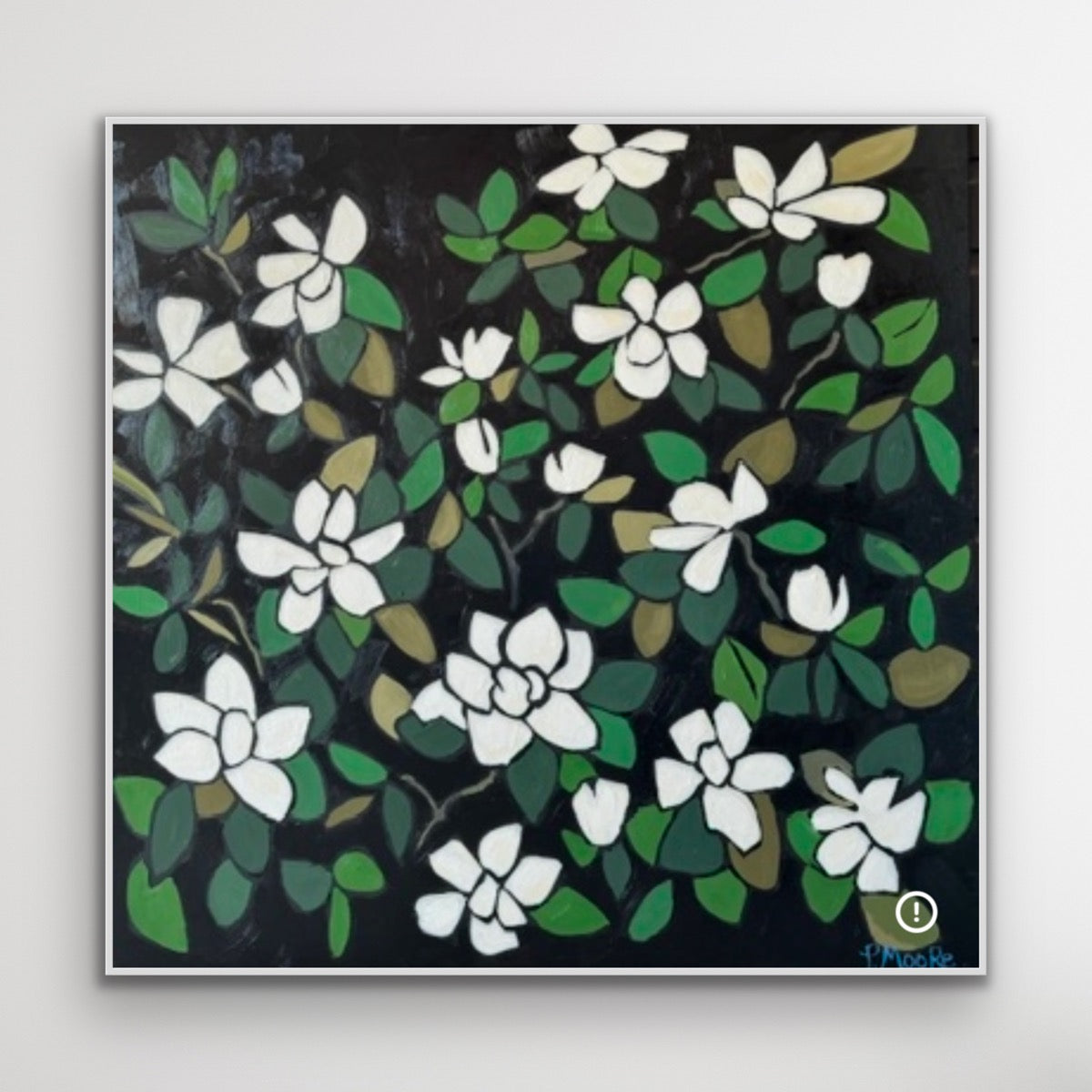 Lola — Original oil painting by Patti Moore, white gardenias on black canvas, 48x48 inches