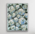 Ariel — 30x40 original oil painting on canvas, white and blue florals on sage green background, framed