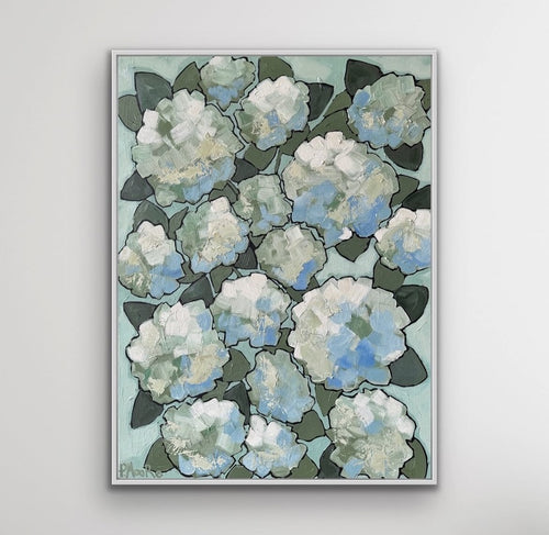 Ariel — 30x40 original oil painting on canvas, white and blue florals on sage green background, framed