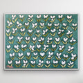 Reagan — 36x48 original oil painting on canvas, white tulip blooms on teal background, framed