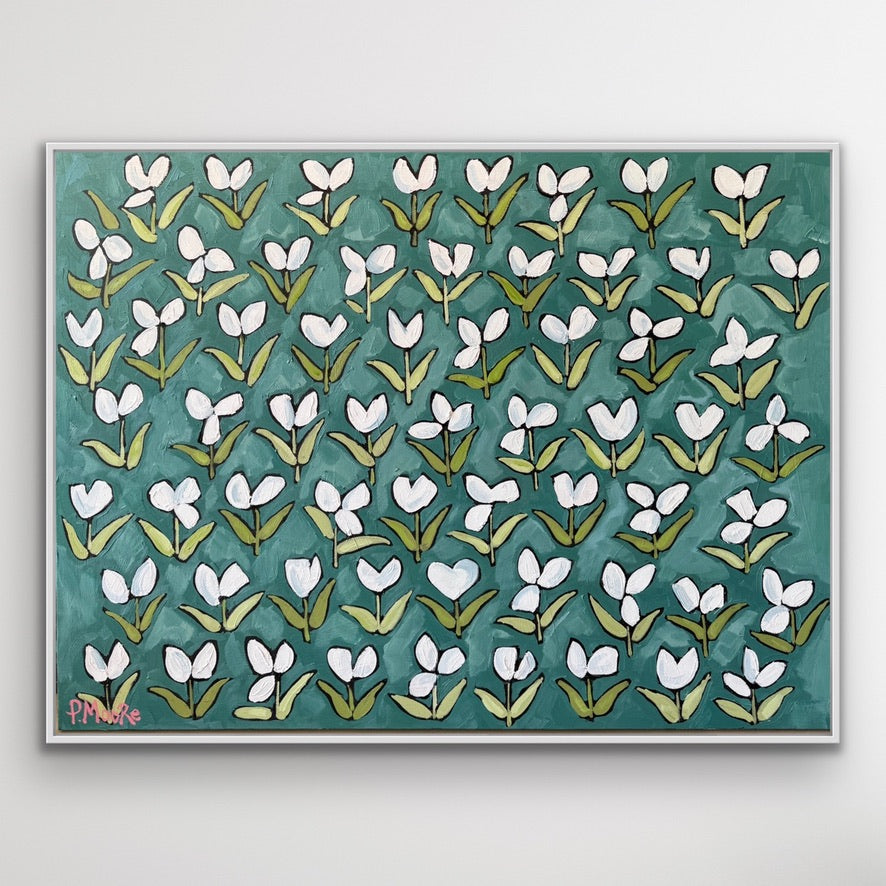 Reagan — 36x48 original oil painting on canvas, white tulip blooms on teal background, framed
