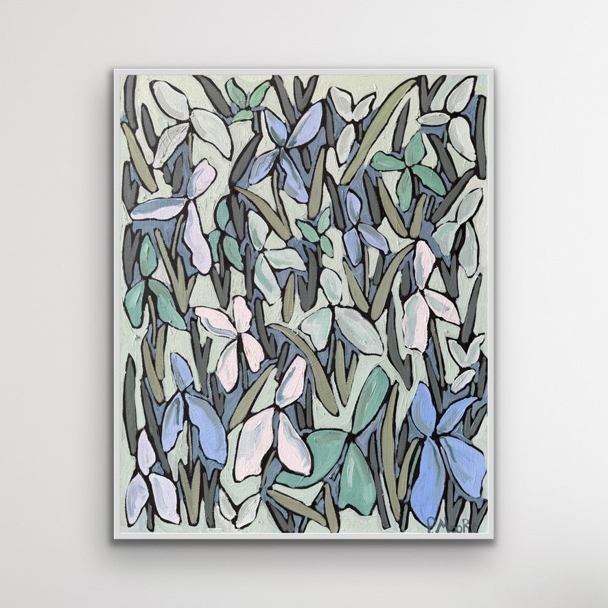 Riley — original oil painting on canvas, blue white and sage florals on mint green background, unframed