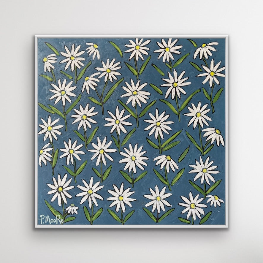 Julia — 36x36 framed original oil on canvas white daisy painting by Patti Moore