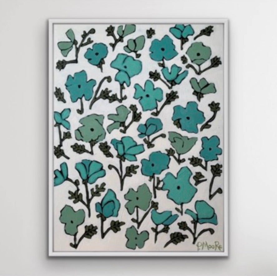 Poppy — 30x40 framed original oil on canvas teal floral painting by Patti Moore