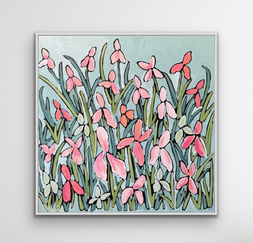 Ellory — 36x36 original oil painting on canvas, pink florals on powder blue background, unframed