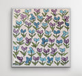 Sia — 36x36 original oil painting on canvas, blue and purple floral blooms on blush white background, unframed