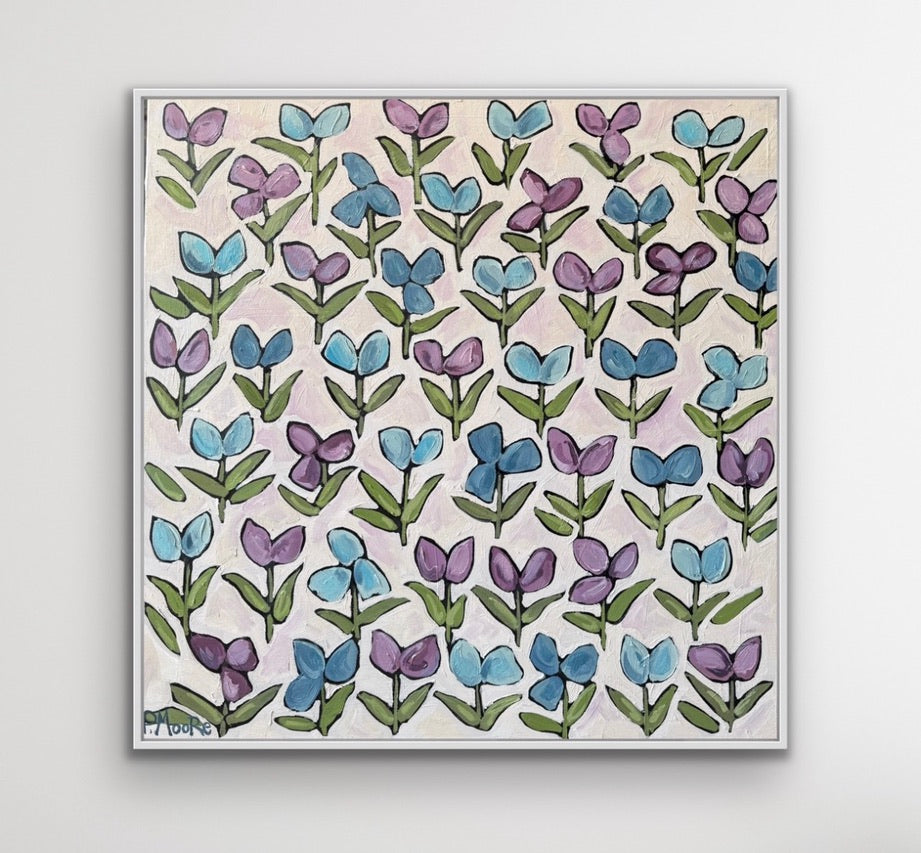 Sia — 36x36 original oil painting on canvas, blue and purple floral blooms on blush white background, unframed