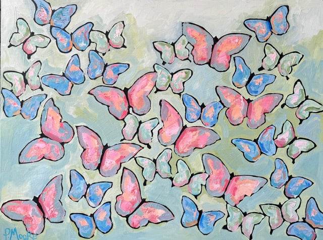 Louise – original oil painting on canvas 36x48 featuring butterflies in pink, blue, and white by Patti Moore Art