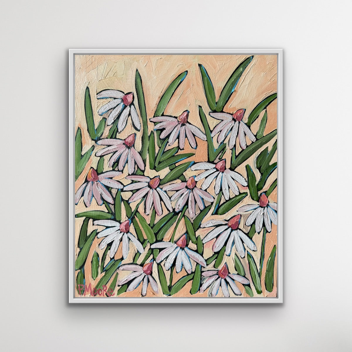 Whitney original oil painting, 24x20, unframed, by Patti Moore — white coneflowers on warm peach background