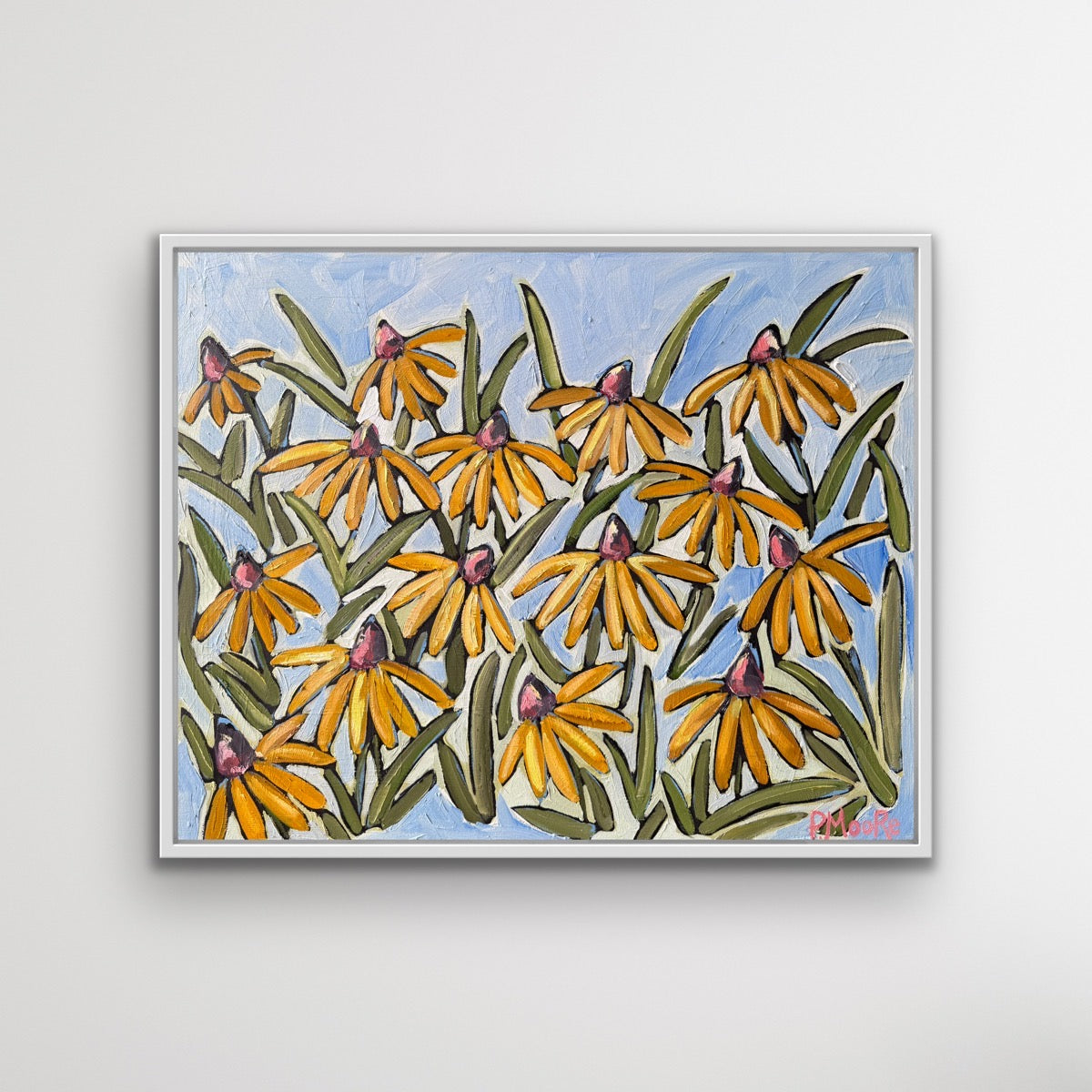 Autumn original oil painting, 24x20, unframed, by Patti Moore — golden black-eyed Susans on a soft blue background