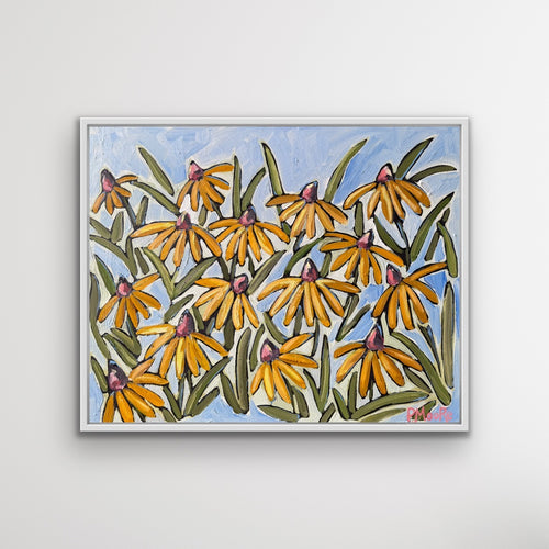 Autumn original oil painting, 24x20, unframed, by Patti Moore — golden black-eyed Susans on a soft blue background