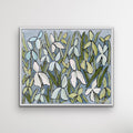 Brie original oil painting, 18x24, unframed, by Patti Moore — snowdrops on a soft blue-grey background
