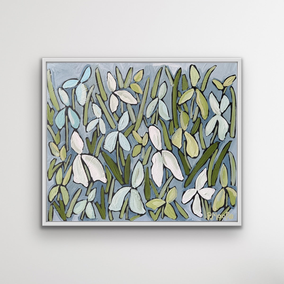 Brie original oil painting, 18x24, unframed, by Patti Moore — snowdrops on a soft blue-grey background