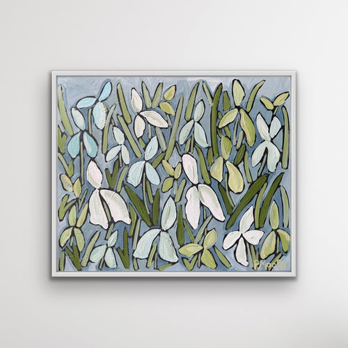 Brie original oil painting, 18x24, unframed, by Patti Moore — snowdrops on a soft blue-grey background