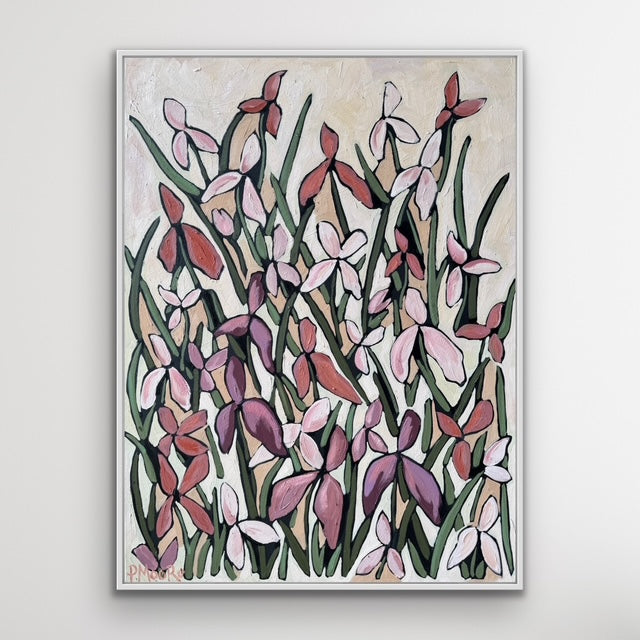 Amber — Original oil painting by Patti Moore, 30x40 inches, oil on canvas, featuring pink and mauve iris-like florals on a soft cream background