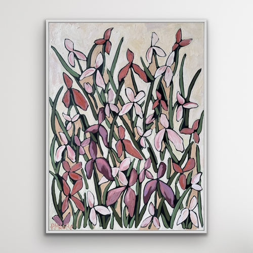 Amber — Original oil painting by Patti Moore, 30x40 inches, oil on canvas, featuring pink and mauve iris-like florals on a soft cream background