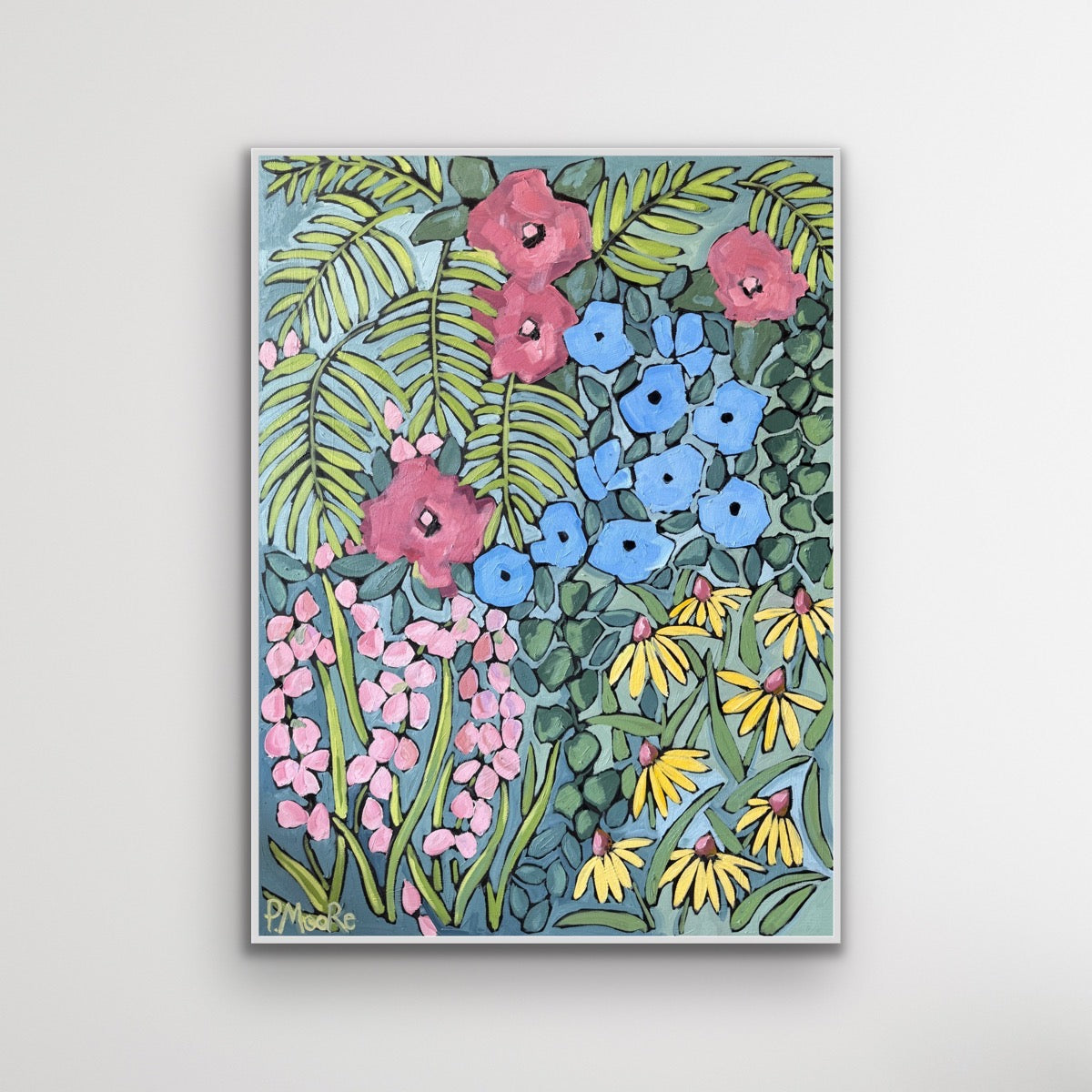 Lost and Found, 40x30 original oil painting by Patti Moore featuring pink, blue, and yellow black-eyed Susan florals with fern fronds and lush green foliage on a teal background
