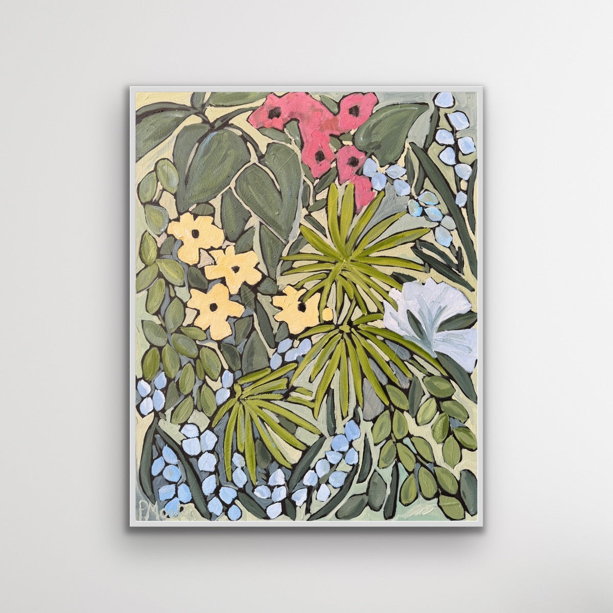 Planting Roots, 24x30 original oil painting by Patti Moore featuring pink, yellow, and white florals with blue clusters and lush green foliage on a soft cream background