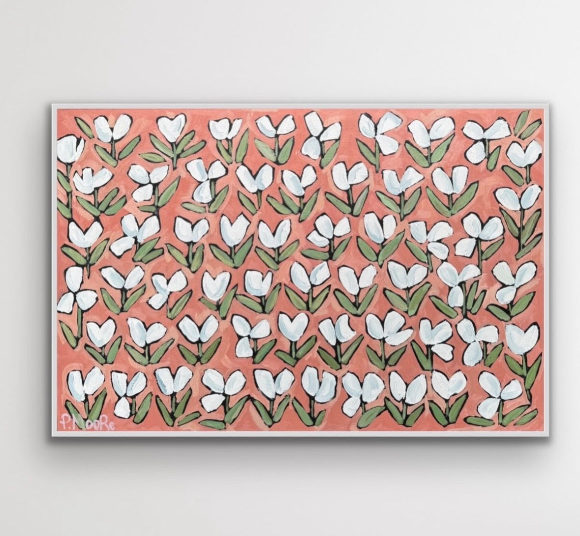 Ruth — 24x30 original oil painting on canvas, white floral blooms on terracotta pink background, framed