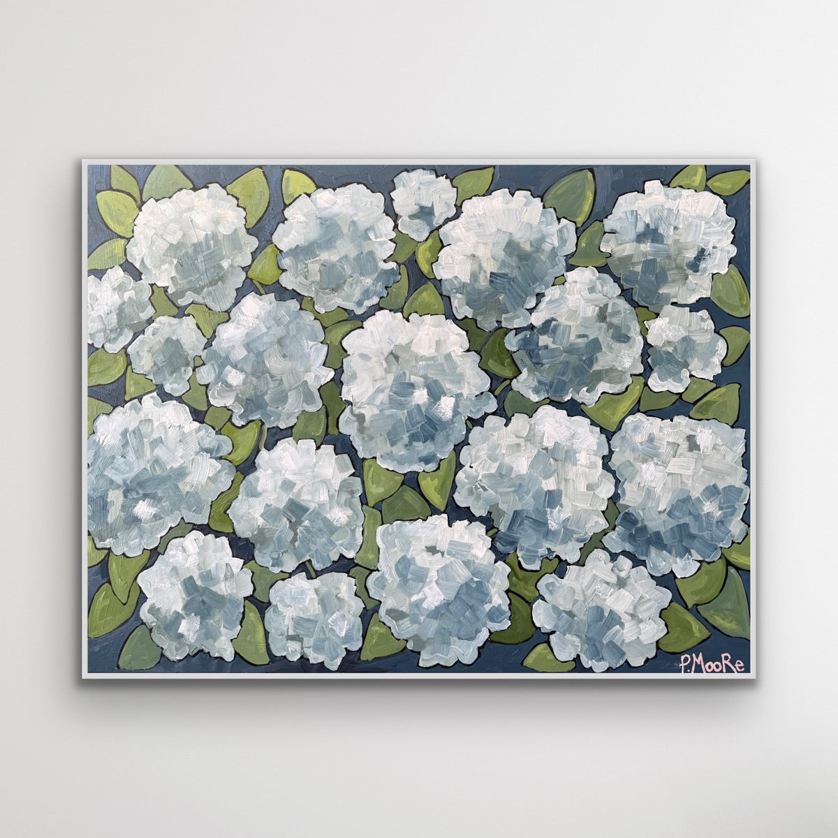 Beatrice - 36x48 framed original oil painting on canvas by Patti Moore, white and blue hydrangeas on a deep navy background