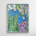Green Goddess, 36x48 original oil painting by Patti Moore featuring blue, pink, and white florals with cascading green leaves on a teal background