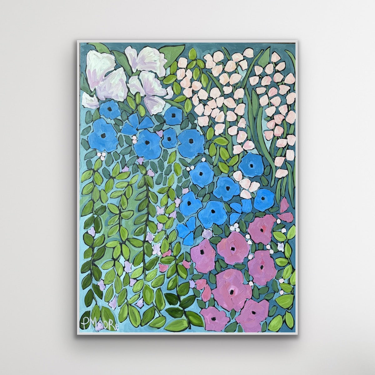 Green Goddess, 36x48 original oil painting by Patti Moore featuring blue, pink, and white florals with cascading green leaves on a teal background