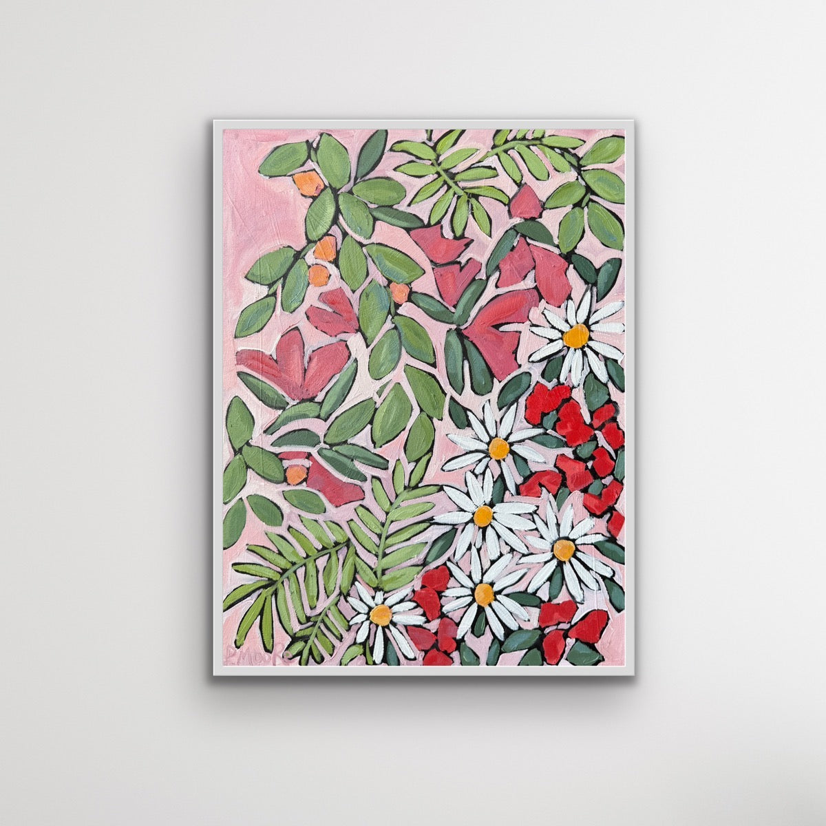 Little Eden, 18x24 original oil painting by Patti Moore featuring white daisies, red florals, and lush green foliage on a soft pink background